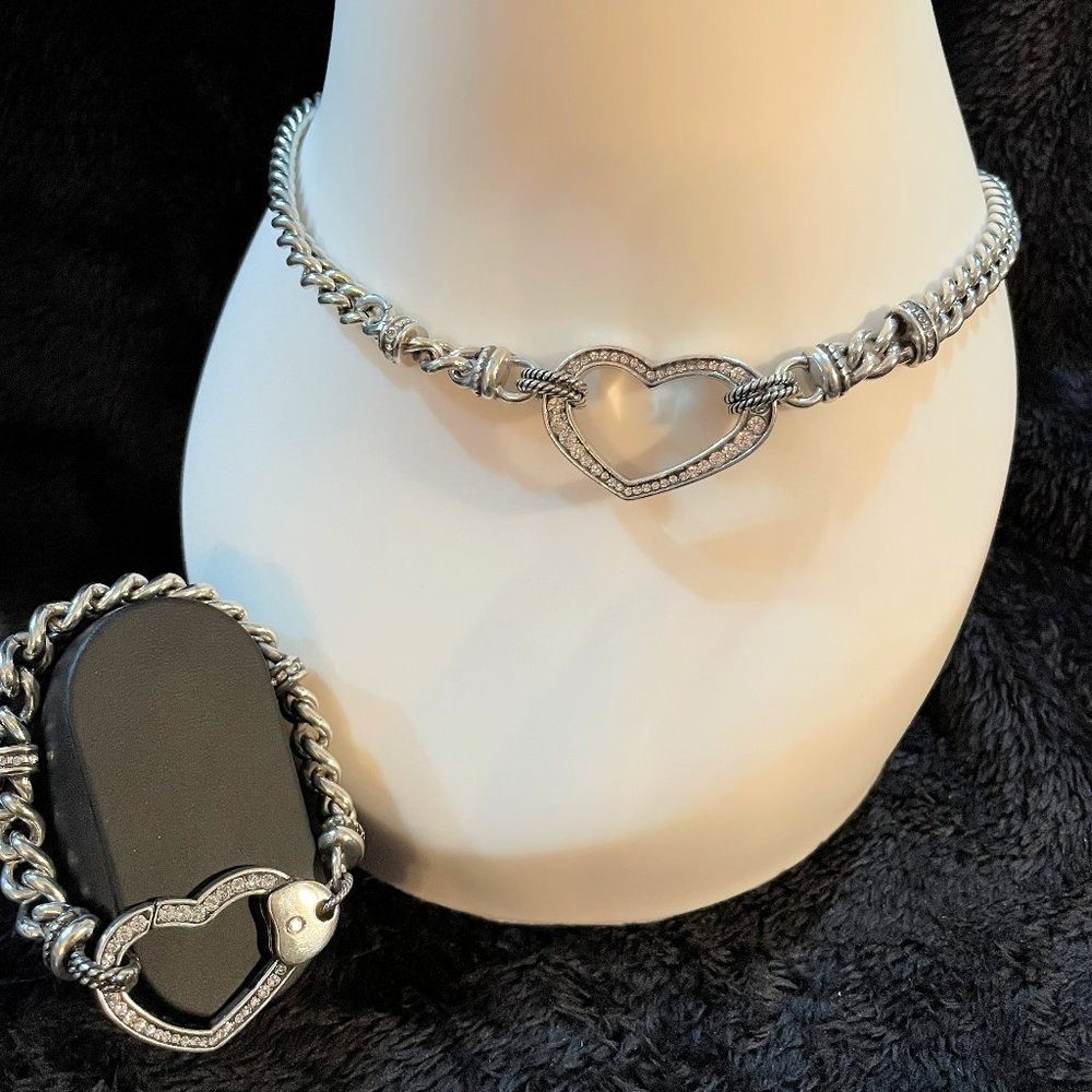 Vintage Reversible Brighton Silver Open Heart Necklace and Bracelet